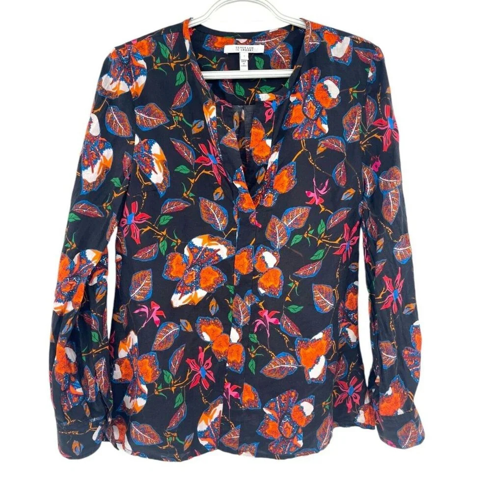 Derek Lam 10 Crosby Womens Silk Blend Black Floral Blouse Long Sleeve Size 2